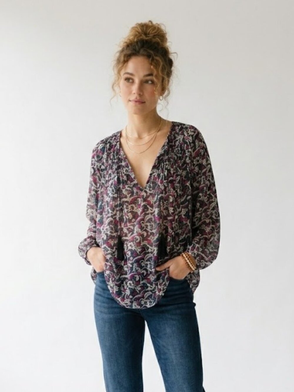 Joie Suzetta Starry Night Freesia Silk Blouse Tassel Tie Sheer Top L